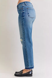 JUDY BLUE Full Size Mid Rise Bf Patch & Repair Destroy Release Hem Jeans Plus Size on Simply Obsessed