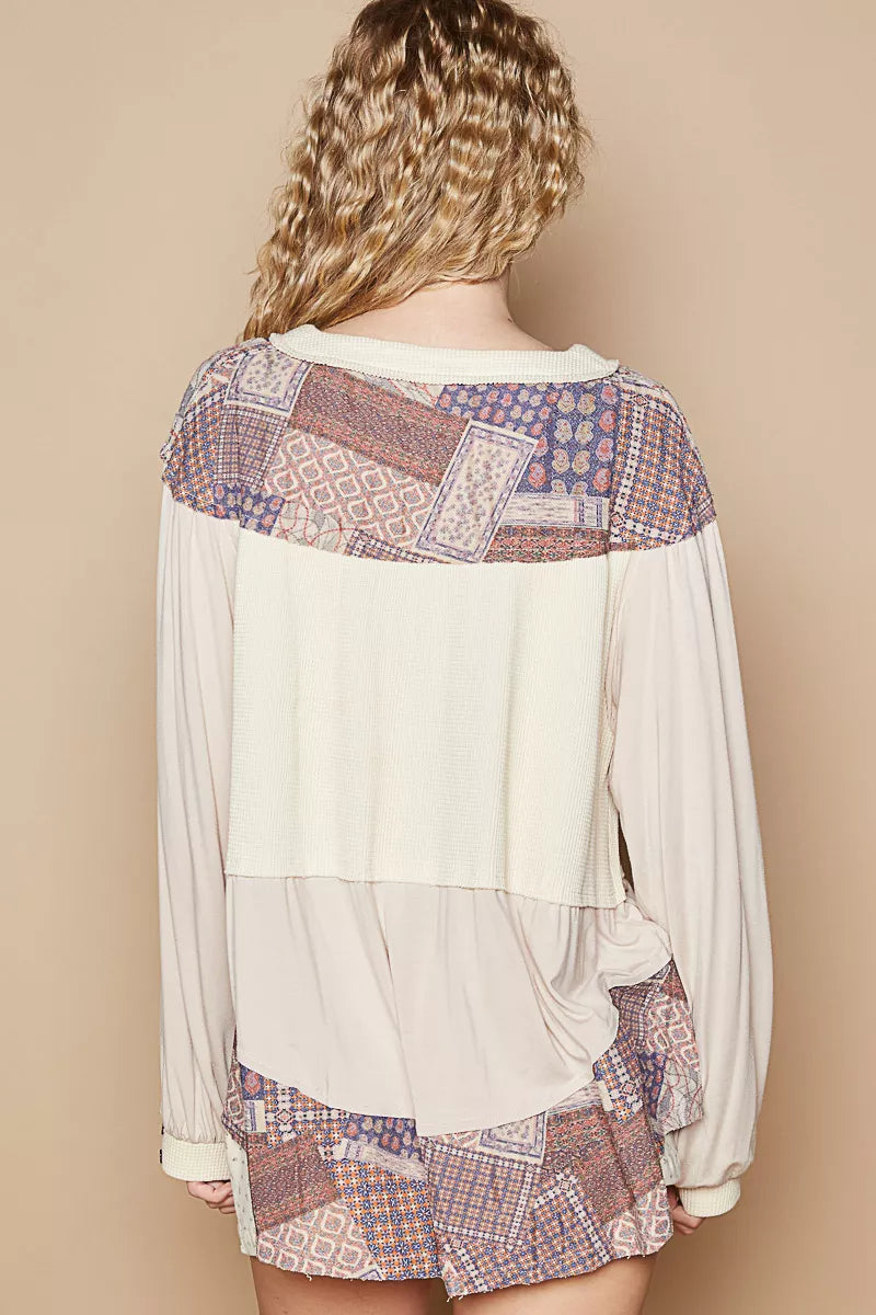 POL Half Button Balloon Sleeve Top with Printed Knit Contrast on Simply Obsessed