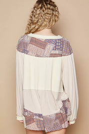 POL Half Button Balloon Sleeve Top with Printed Knit Contrast on Simply Obsessed