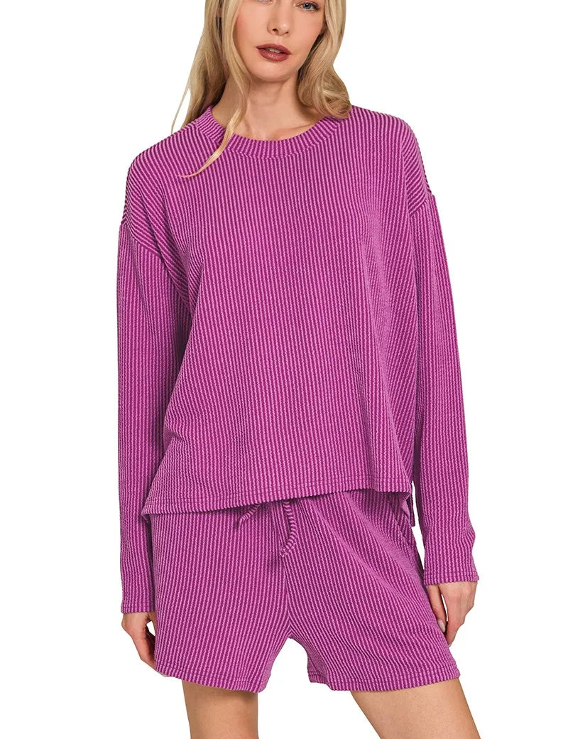 ZENANA Corded Rib Long Sleeve Tee and Shorts Set on Simply Obsessed