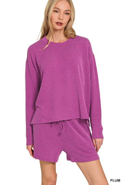 ZENANA Corded Rib Long Sleeve Tee and Shorts Set on Simply Obsessed
