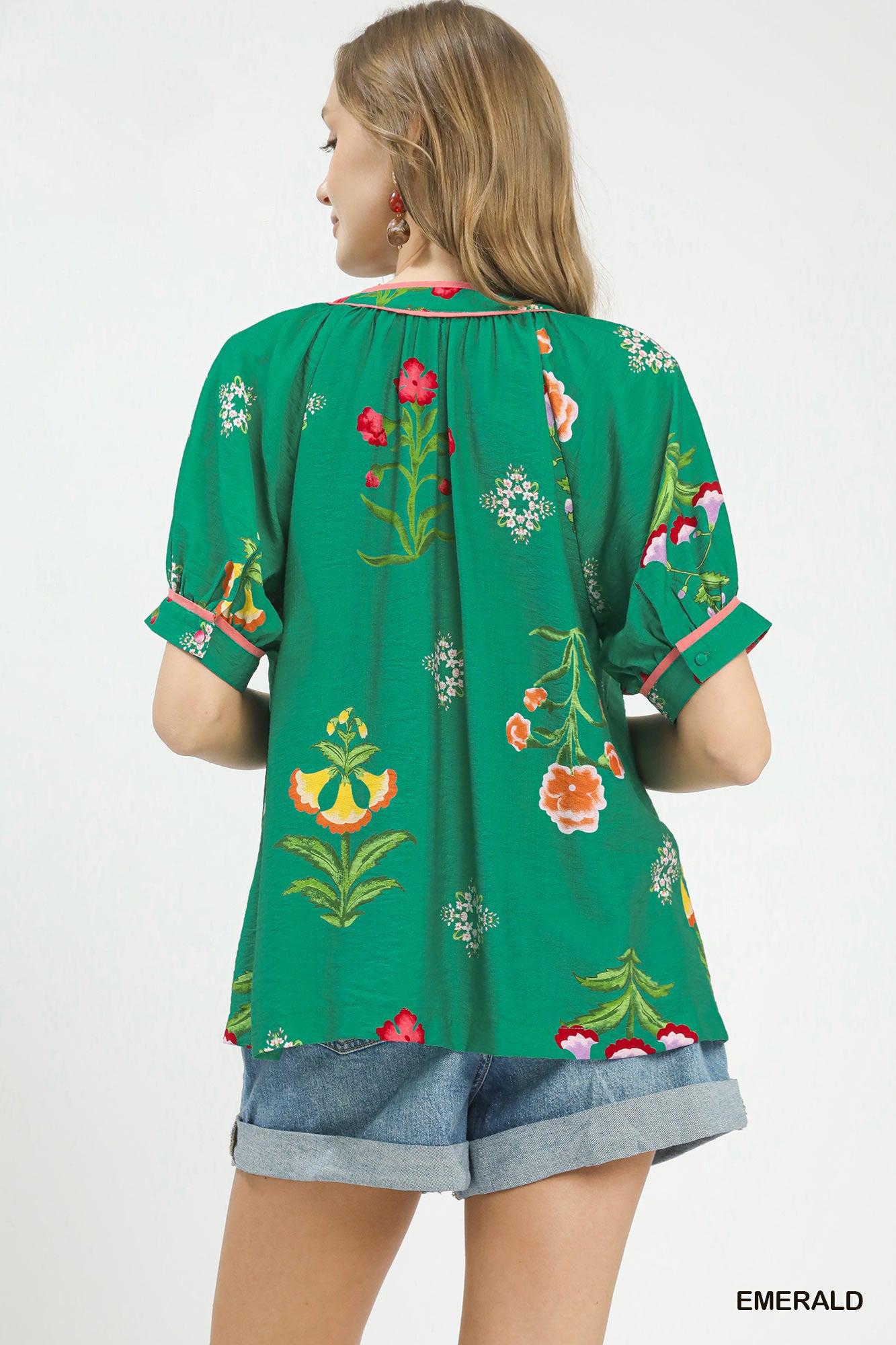 UMGEE Botanical Print Contrast Trim Button Blouse **DEBUT SALE** on Simply Obsessed