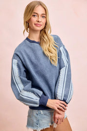 BIBI Washed Denim Lace Contrast Sided Sweatshirt **FALL DEBUT SALE** on Simply Obsessed