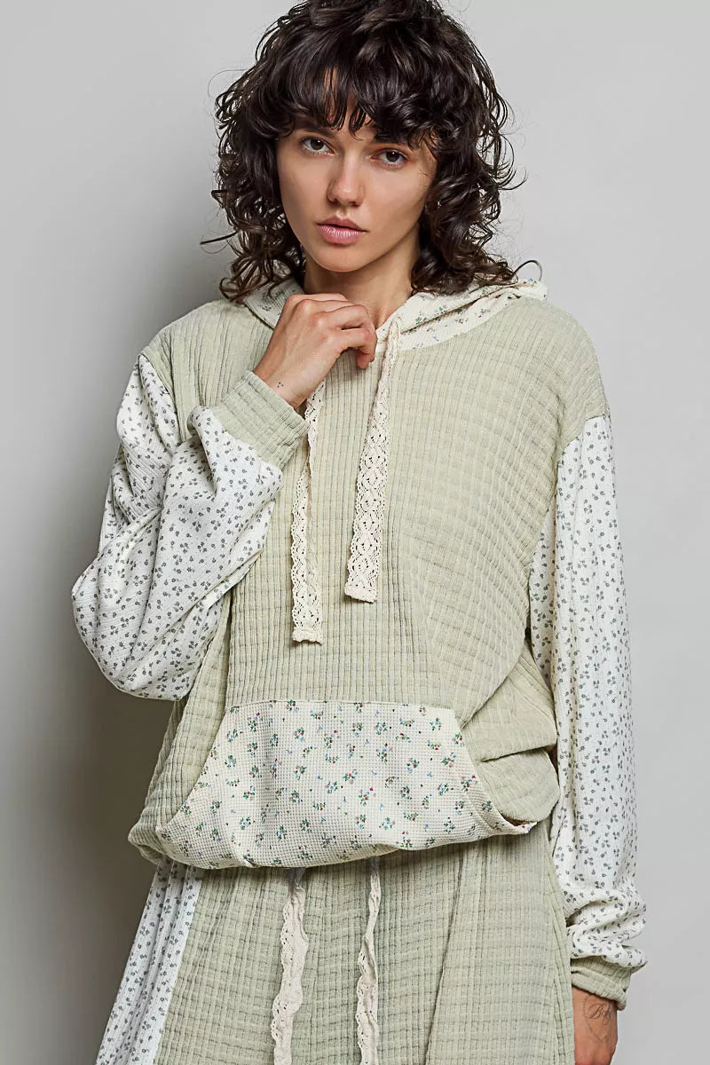 POL Mixed Knit Contrast Print Sleeve Hoodie with Kangaroo Pocket on Simply Obsessed