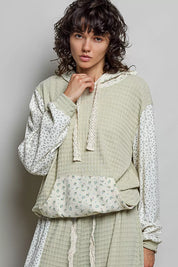 POL Mixed Knit Contrast Print Sleeve Hoodie with Kangaroo Pocket on Simply Obsessed