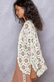 POL Openwork V-Neck Chenille Cardigan with Contrast Floral on Simply Obsessed