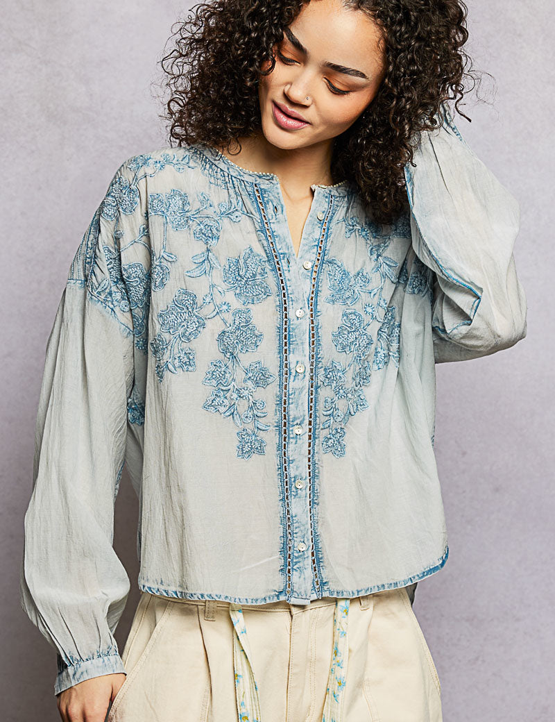 POL Floral Embroidered Button Down Long Sleeve Shirt on Simply Obsessed