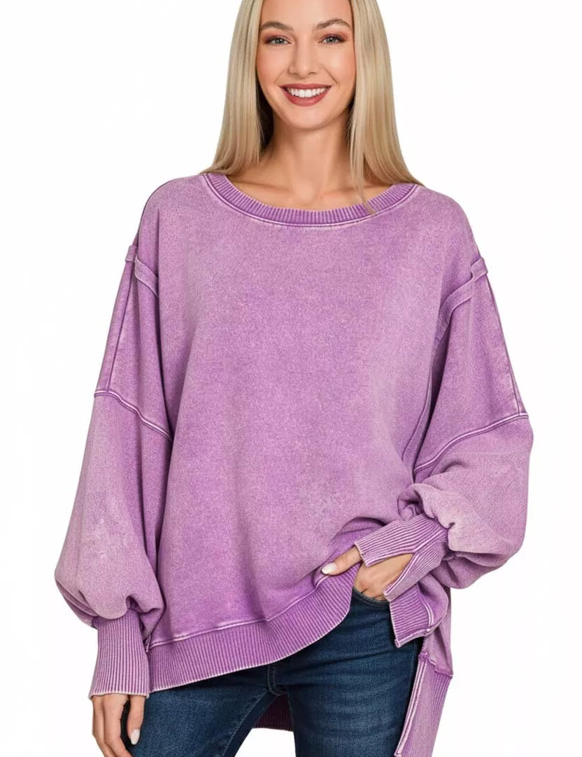 ZENANA Acid Washed Batwing Sleeve Fleece Sweatshirt on Simply Obsessed
