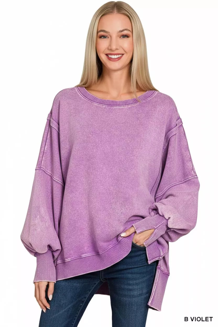 ZENANA Acid Washed Batwing Sleeve Fleece Sweatshirt on Simply Obsessed