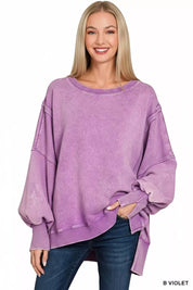 ZENANA Acid Washed Batwing Sleeve Fleece Sweatshirt on Simply Obsessed