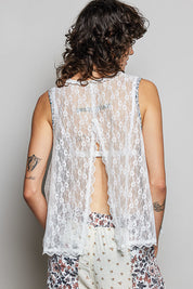 POL Printed Woven Lace Back Round Neck Sleeveless Top. **SALE** on Simply Obsessed