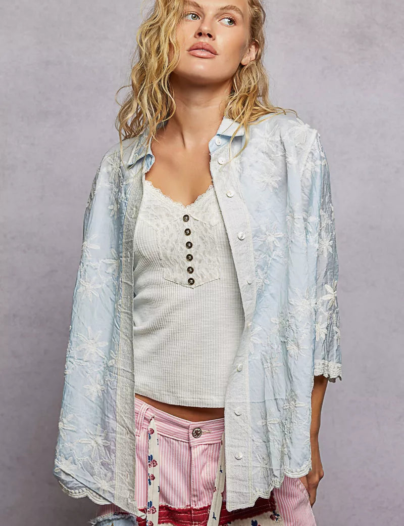 POL Embroidered Floral Collared Neck Shirt with Scalloped Edges on Simply Obsessed