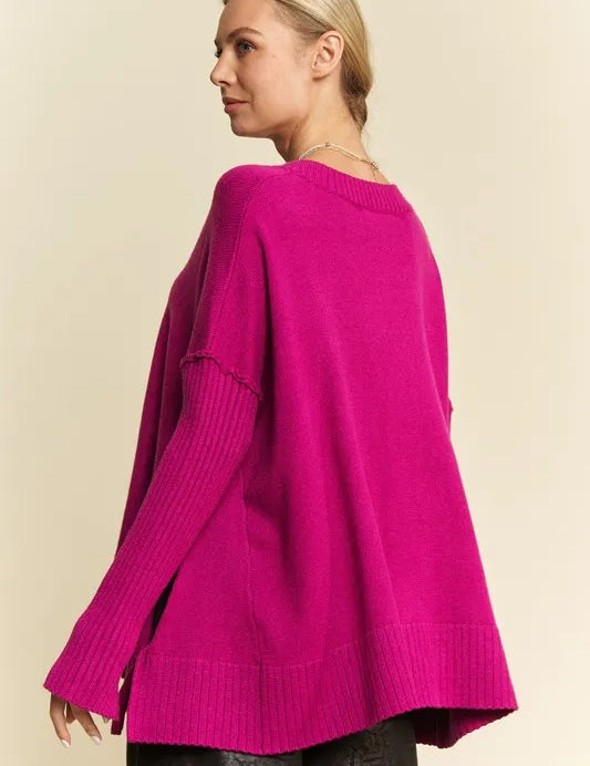 DAVI & DANI Ribbed Side Slit V-Neck Sweater on Simply Obsessed
