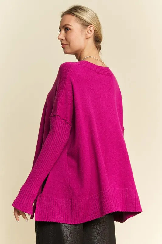 DAVI & DANI Ribbed Side Slit V-Neck Sweater on Simply Obsessed
