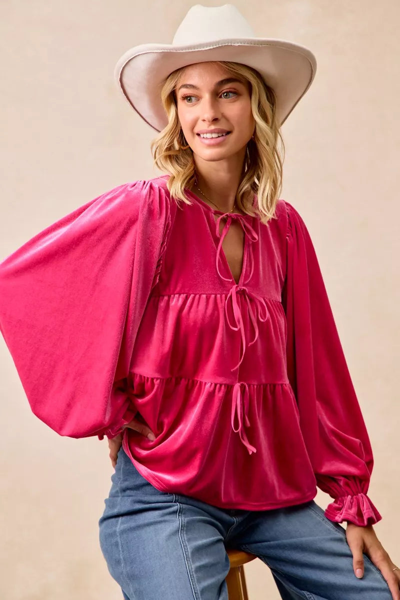 BiBi Christmas Theme Velvet Bow Tied Blouse on Simply Obsessed