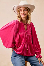 BiBi Christmas Theme Velvet Bow Tied Blouse on Simply Obsessed