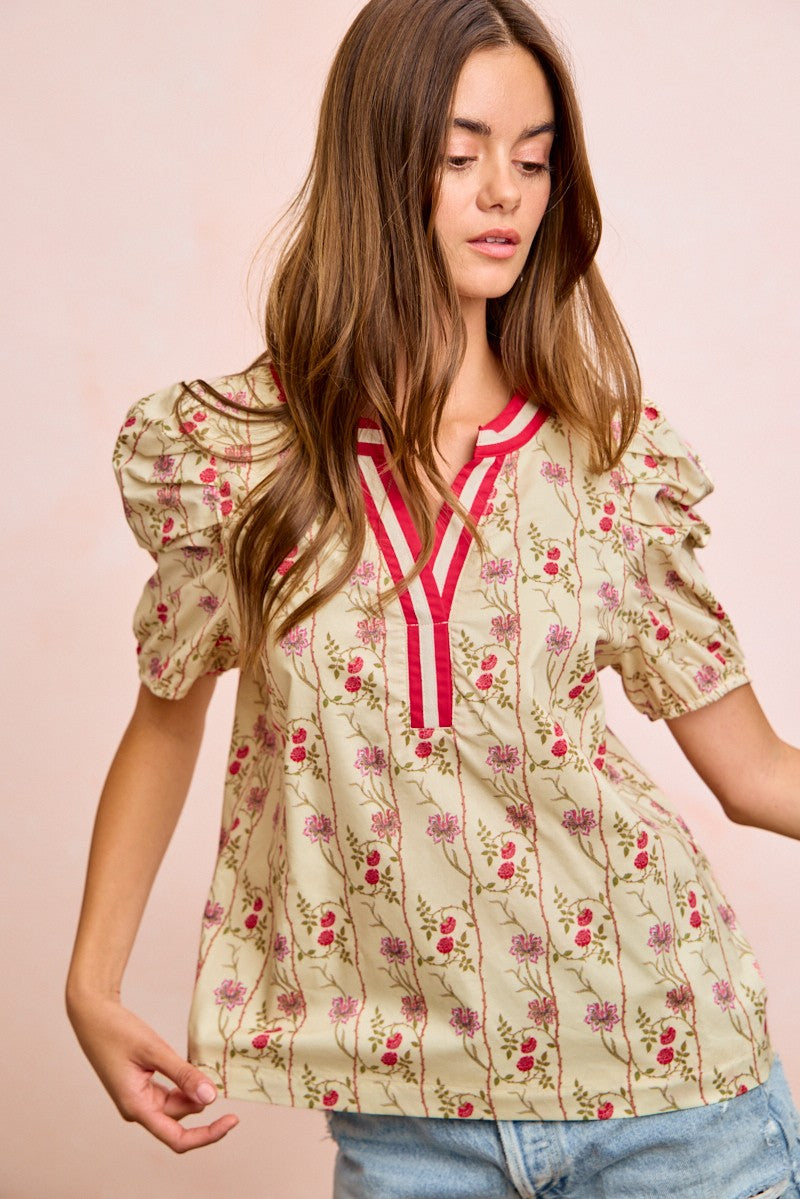 BIBI Floral Gather Sleeves Contrast Neckband Blouse Top on Simply Obsessed