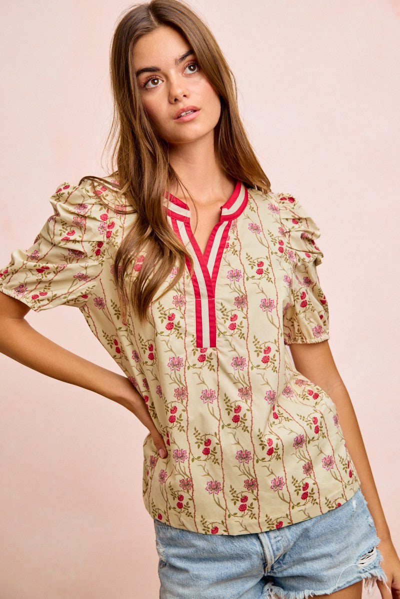 BIBI Floral Gather Sleeves Contrast Neckband Blouse Top on Simply Obsessed