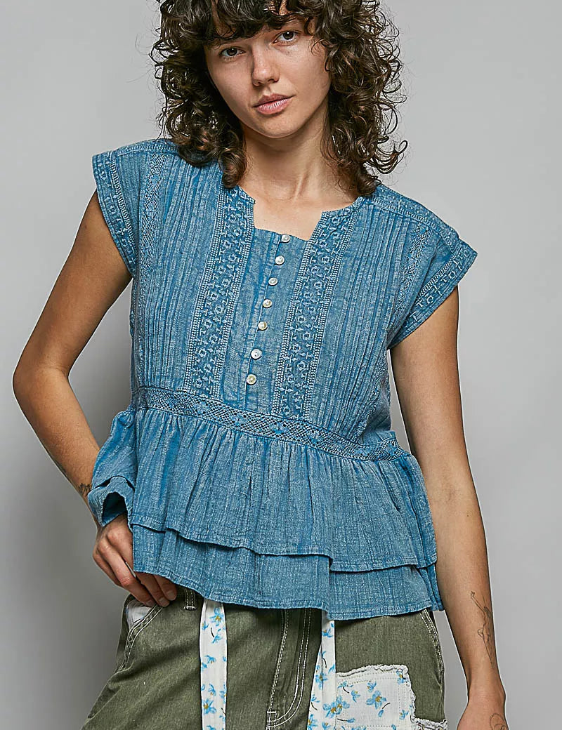 POL Eyelet Embroidery Pintuck Sleeveless Cotton Blouse on Simply Obsessed