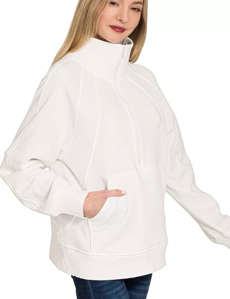 Zenana Half Zip Fleece Sweatshirt with kangaroo Pocket on Simply Obsessed