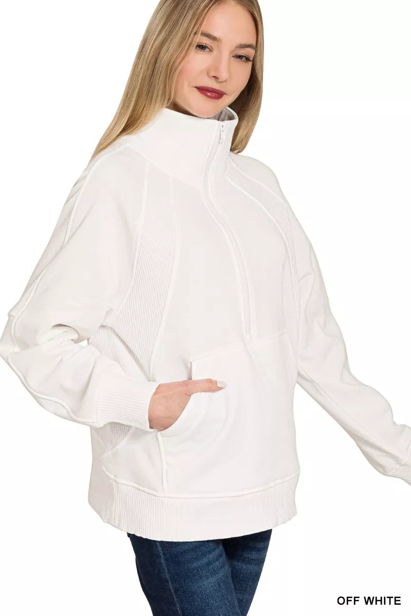 Zenana Half Zip Fleece Sweatshirt with kangaroo Pocket on Simply Obsessed