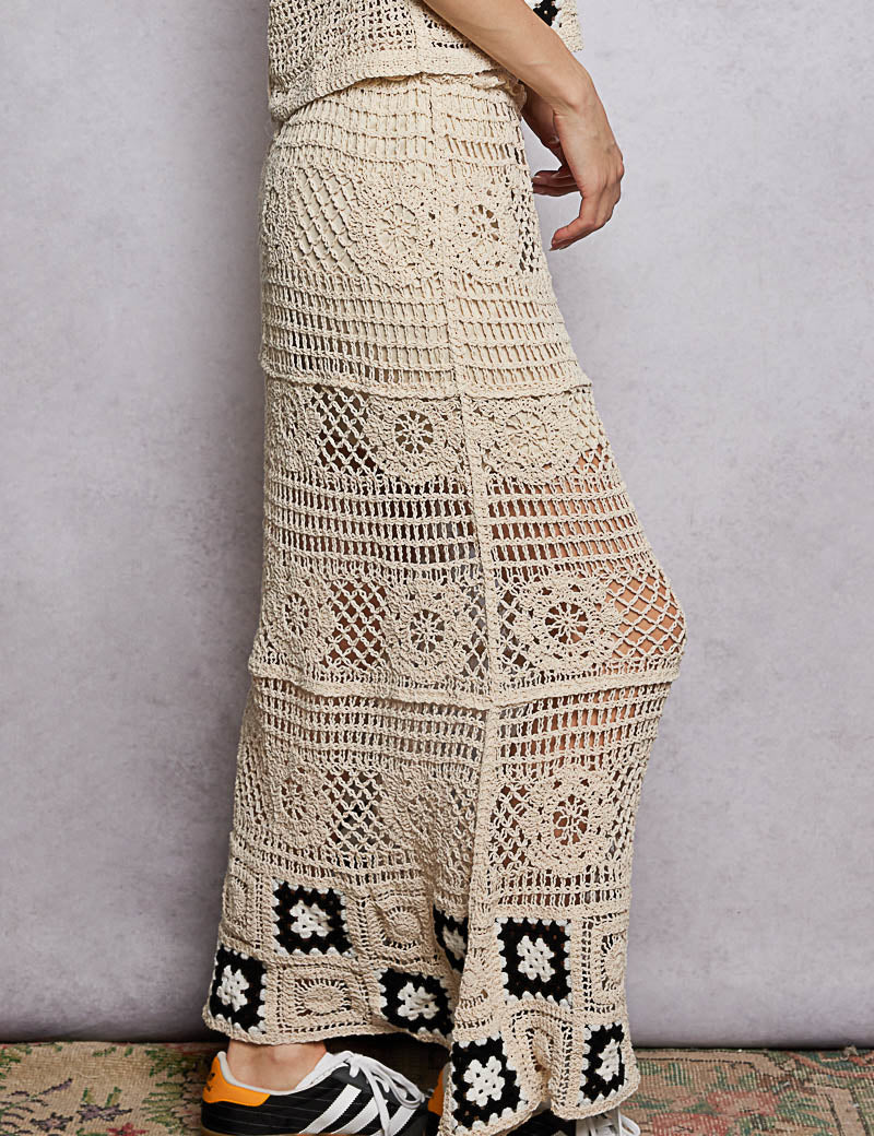 POL Floral Crochet Ruffled Waistband Maxi Skirt with Granny Square Weave **Debut SALE** on Simply Obsessed