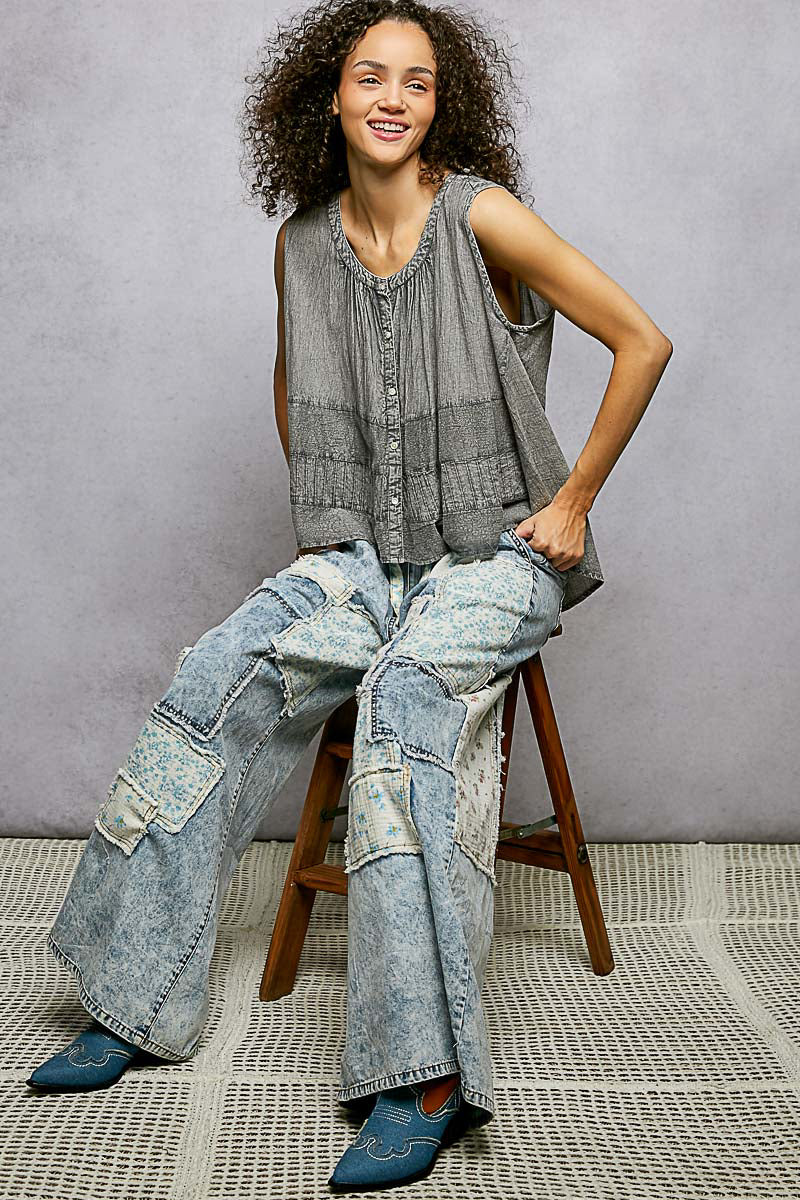 POL Button Down Round Neck Tank with Crochet Contrast on Simply Obsessed