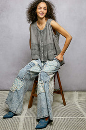 POL Button Down Round Neck Tank with Crochet Contrast on Simply Obsessed