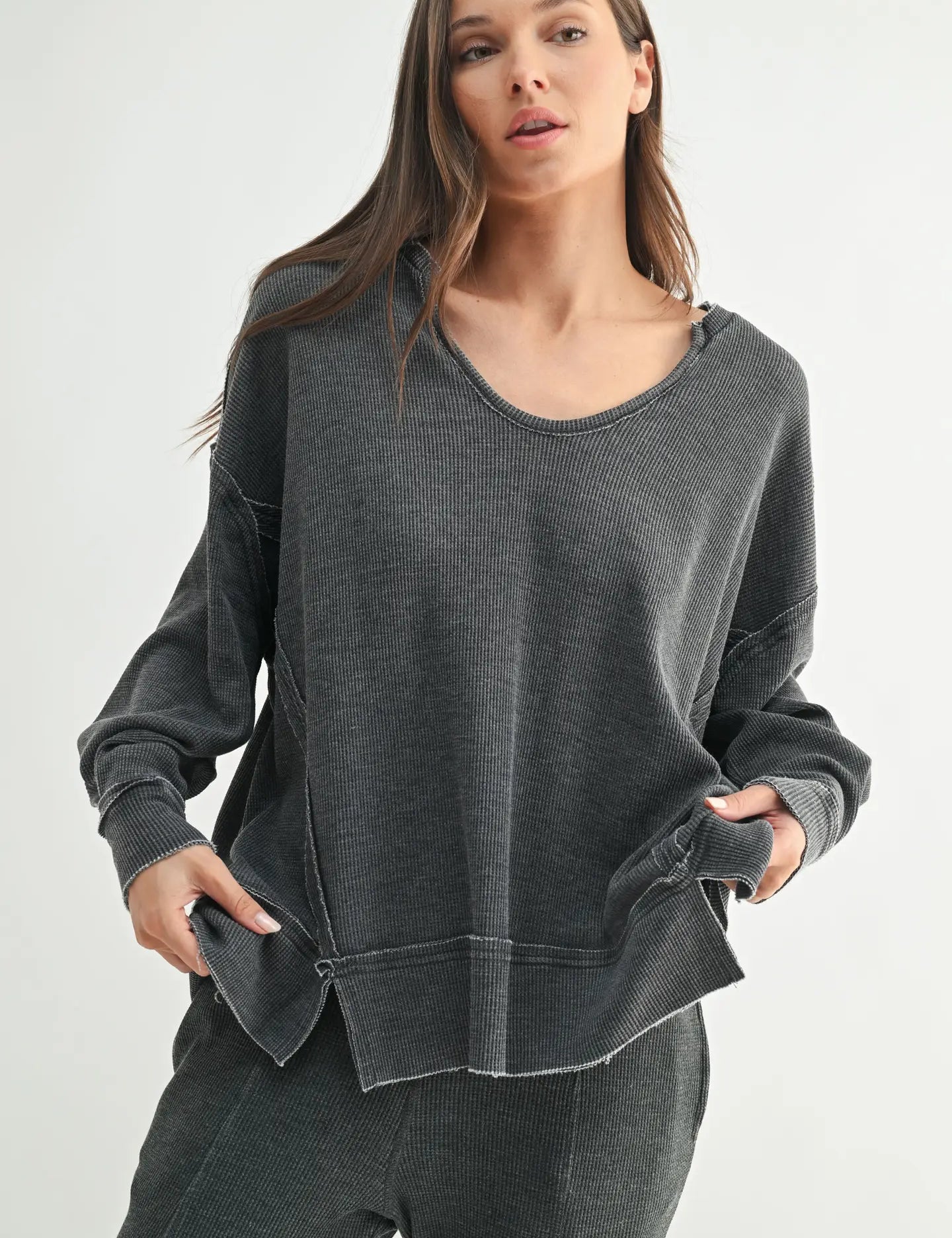 MONO B Cotton Waffle Knit Oversized Long Sleeve-BLACK on Simply Obsessed