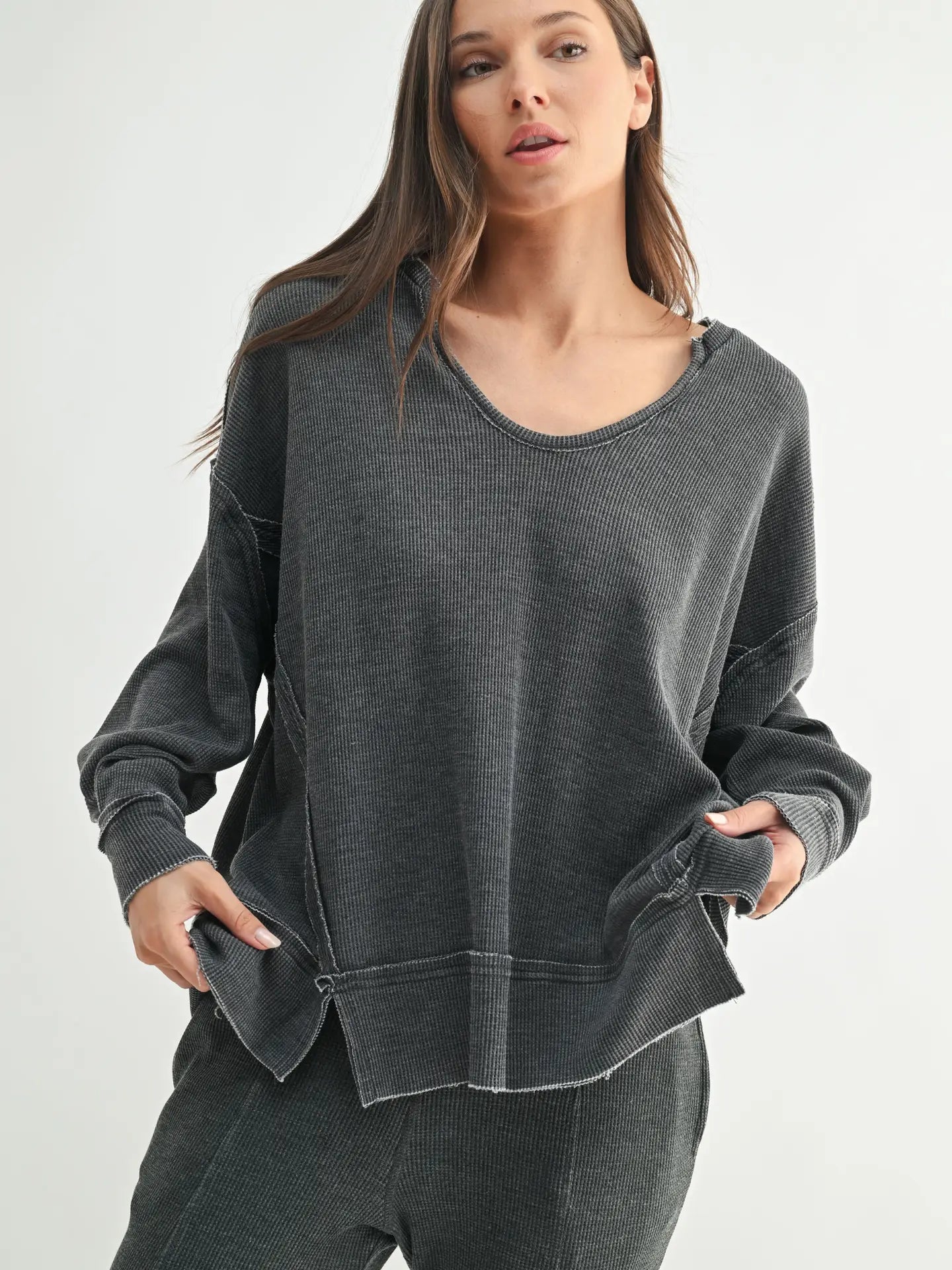 MONO B Cotton Waffle Knit Oversized Long Sleeve-BLACK on Simply Obsessed