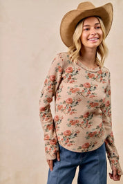 BIBI Floral Print Washed Waffle Thermal Top with Thumb on Simply Obsessed