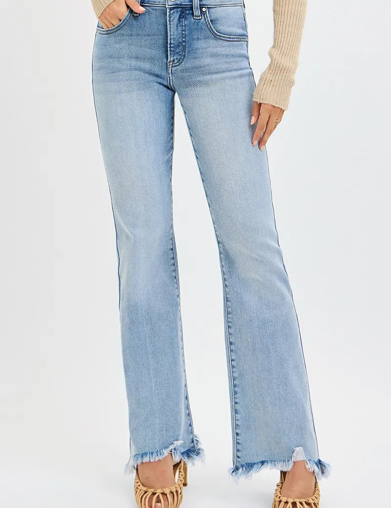 RISEN Full Size Tummy Control Mid Rise Flare Jeans with Fray Hem Detailed Plus Size on Simply Obsessed