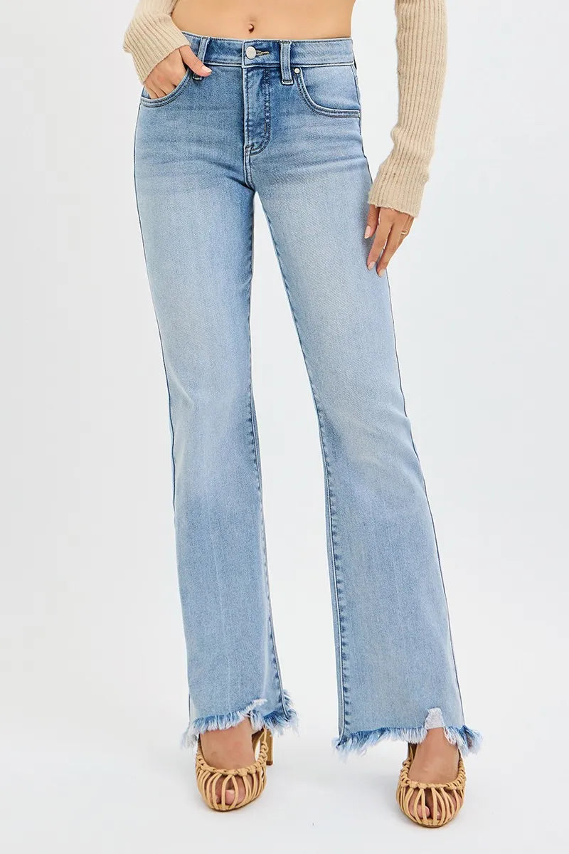 RISEN Full Size Tummy Control Mid Rise Flare Jeans with Fray Hem Detailed Plus Size on Simply Obsessed