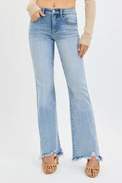 RISEN Full Size Tummy Control Mid Rise Flare Jeans with Fray Hem Detailed Plus Size on Simply Obsessed