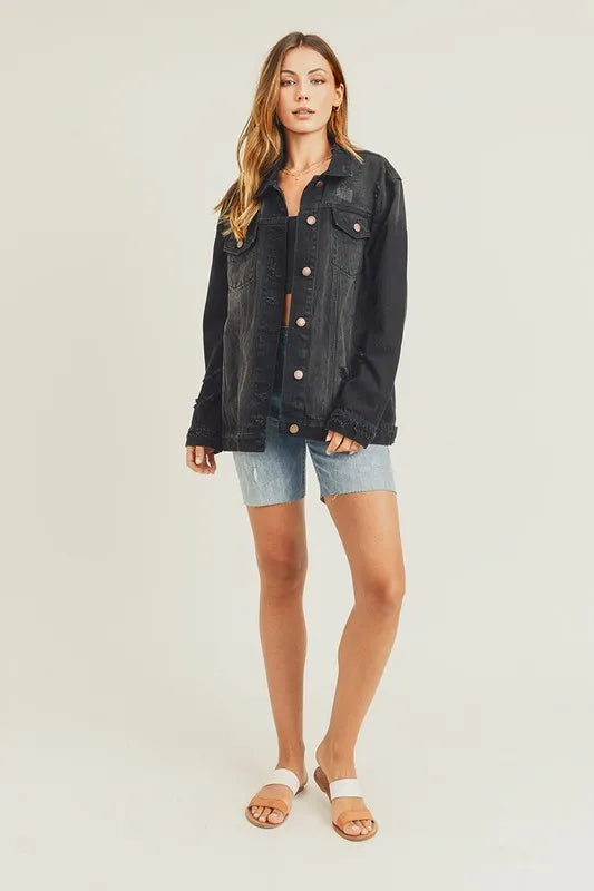 RISEN Full Size Distressed Long Sleeve Denim Jacket on Simply Obsessed