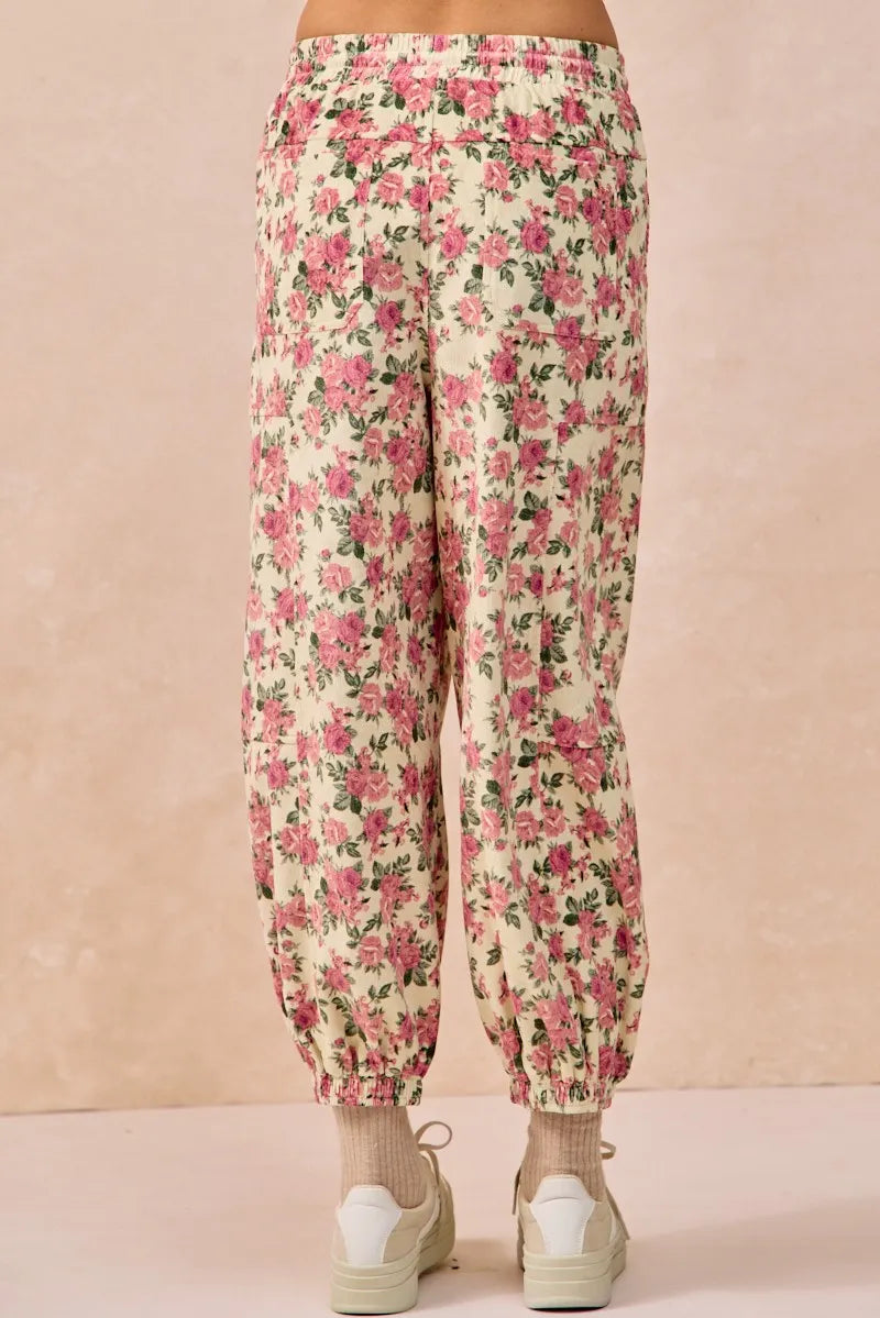 BIBI Floral Printed Twill Drawstring Pants With Elastic Band on Simply Obsessed
