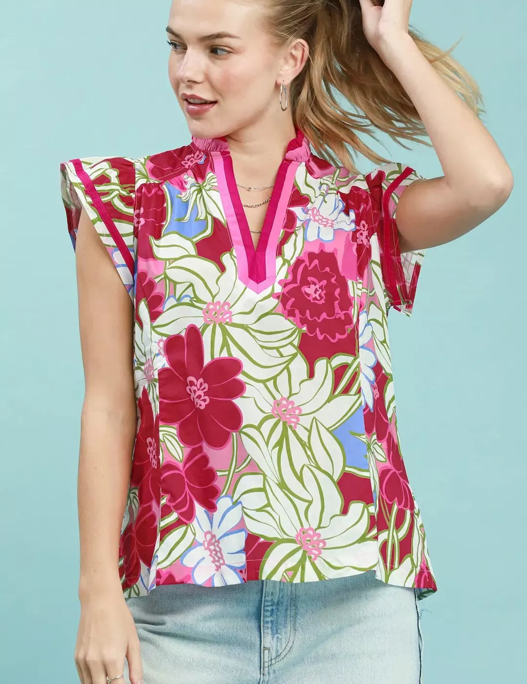 UMGEE Bold Floral Flutter Sleeve Top on Simply Obsessed