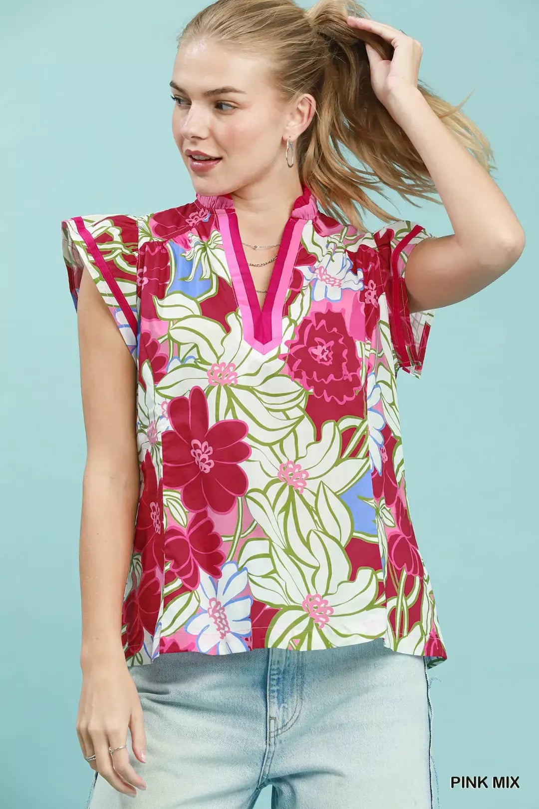 UMGEE Bold Floral Flutter Sleeve Top on Simply Obsessed