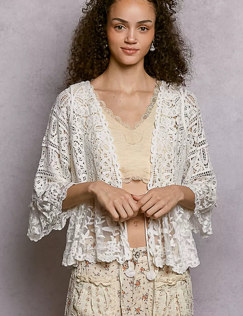 POL Floral Lace Short Sleeve Crochet Cardigan with Tassel Tie on Simply Obsessed