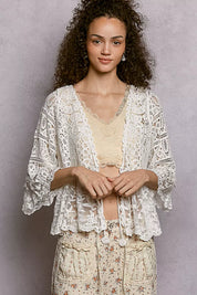 POL Floral Lace Short Sleeve Crochet Cardigan with Tassel Tie on Simply Obsessed
