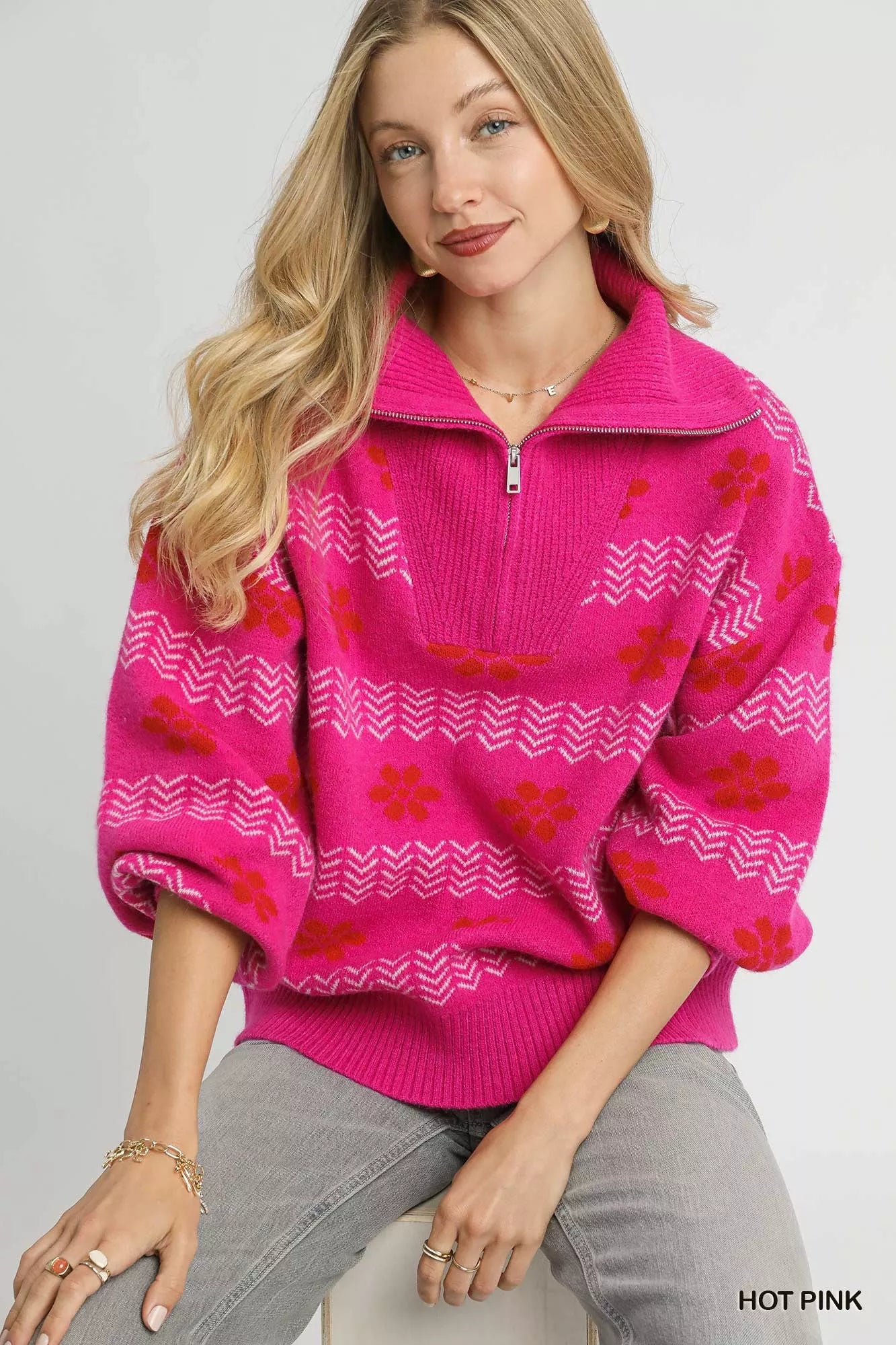 Umgee Floral Patterned Jacquard Quarter-Zip Pullover Sweater on Simply Obsessed