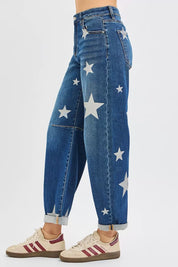 RISEN Mid Rise Ankle Length Relaxed Barrel Star Printed Jeans on Simply Obsessed