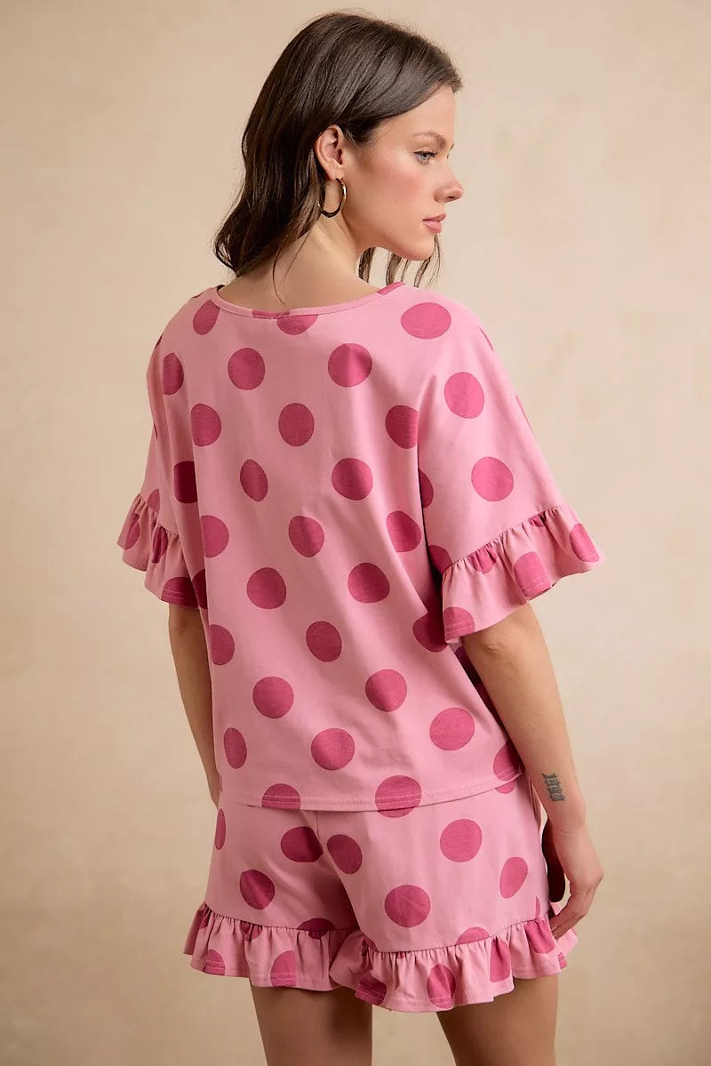 BIBI Polka Dots Printed Ruffled Detail Top And Shorts Set **DOORBUSTER** on Simply Obsessed