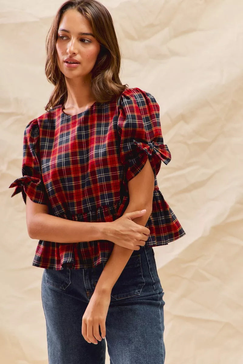 SO ME Christmas Holiday Plaid Ribbon Short Sleeves Top on Simply Obsessed