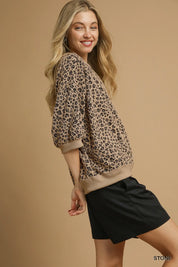 Umgee Leopard Knit Jacquard Puff Sleeve Sweatshirt on Simply Obsessed