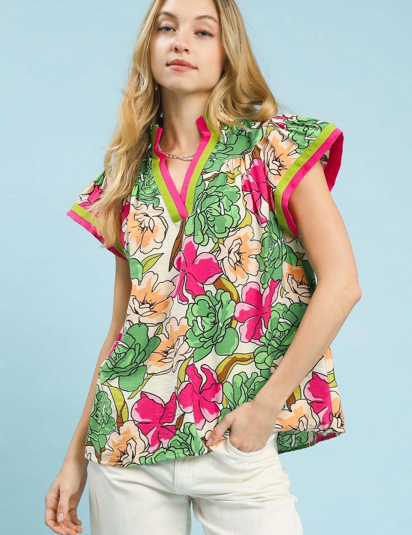 UMGEE Floral Print Blouse with Contrast Trim on Simply Obsessed