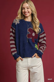 Umgee Flower Jacquard Striped Long Sleeve Sweater on Simply Obsessed