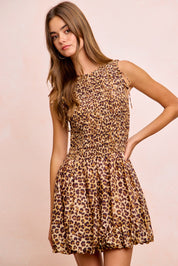 BIBI Leopard Bow Tie Attachable Puff Sleeves Dress on Simply Obsessed