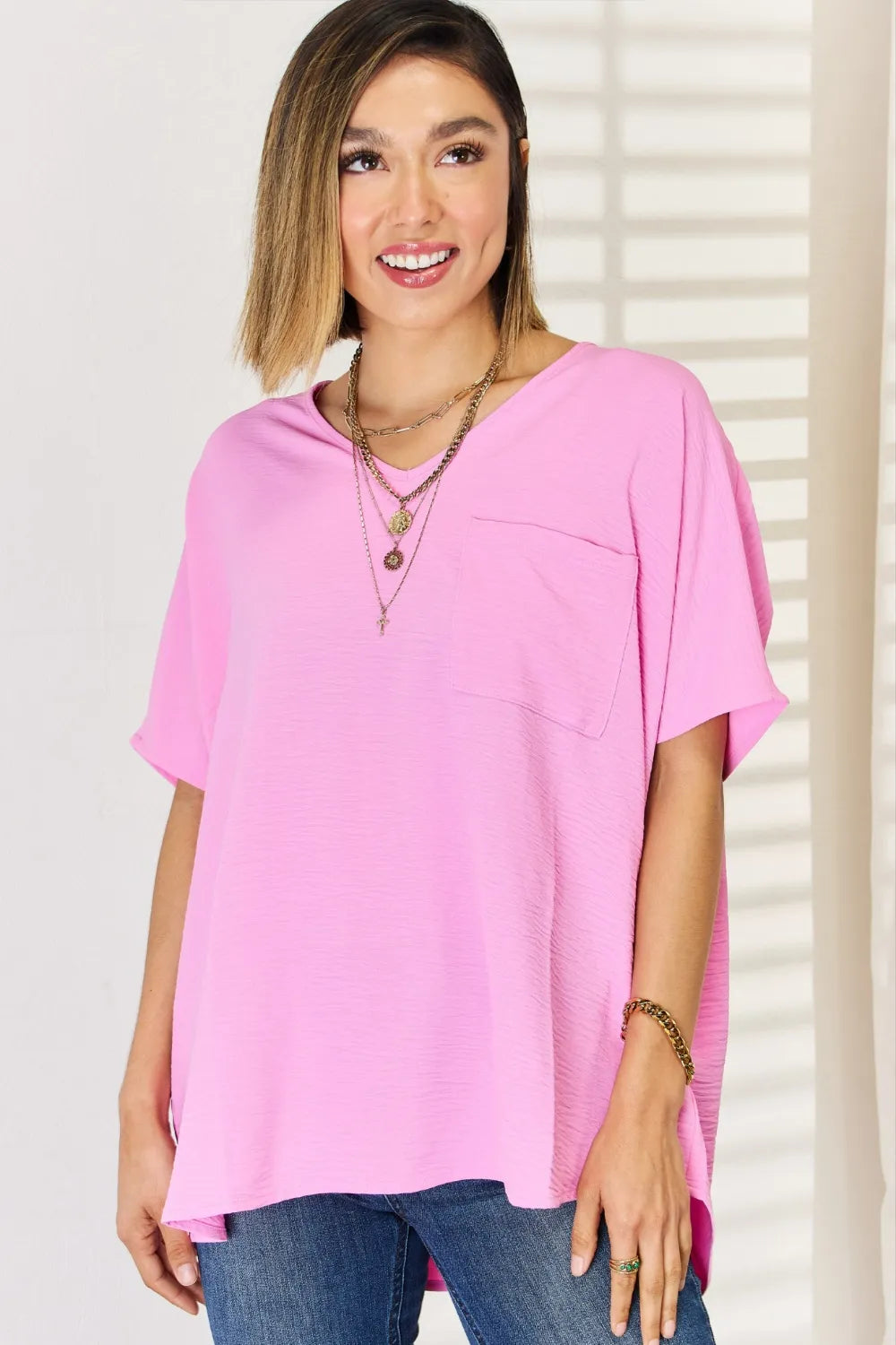 ZENANA Texture Short Sleeve Blouse on Simply Obsessed