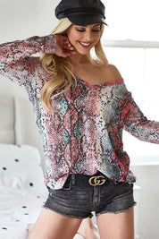 BIBI Snakeskin Print Low Gauge Hacci V Neck Top on Simply Obsessed